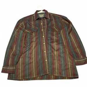 Vintage Men's Striped Button-Up Shirt in Burgundy, Green & Brown